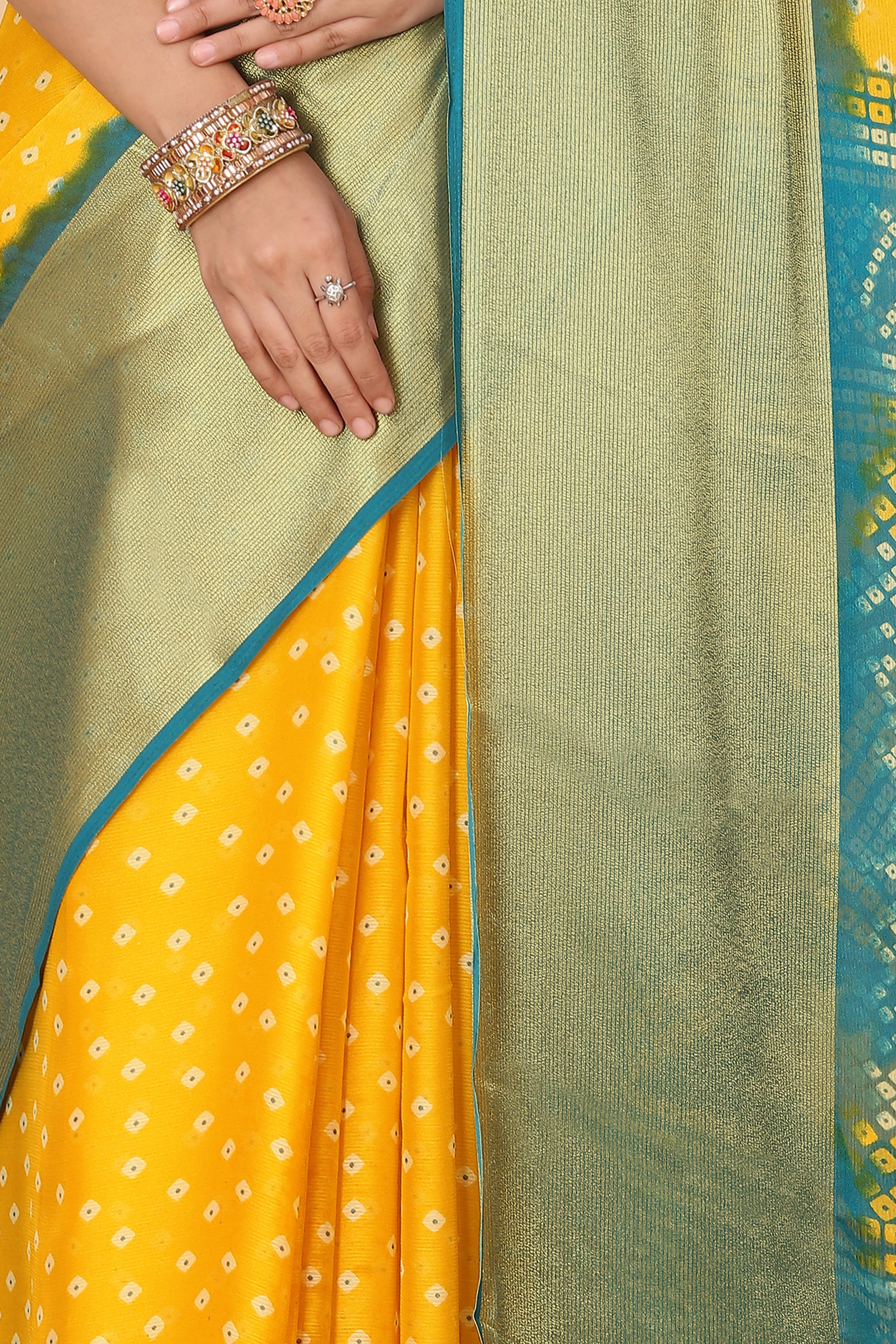 Bandhani Printed Moss Chiffon Mustard Saree with Gold Jari Border | Ivaara.