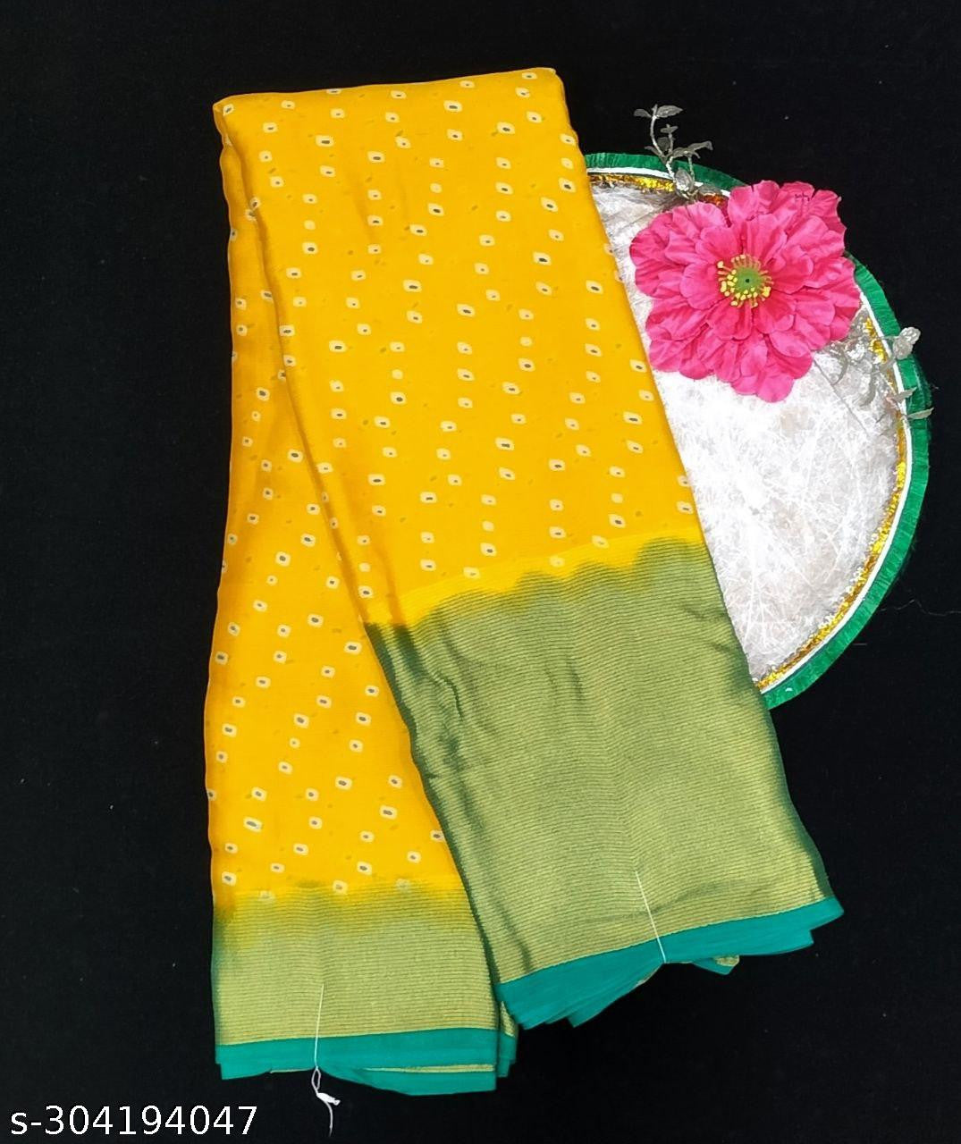 Bandhani Printed Moss Chiffon Mustard Saree with Gold Jari Border | Ivaara.