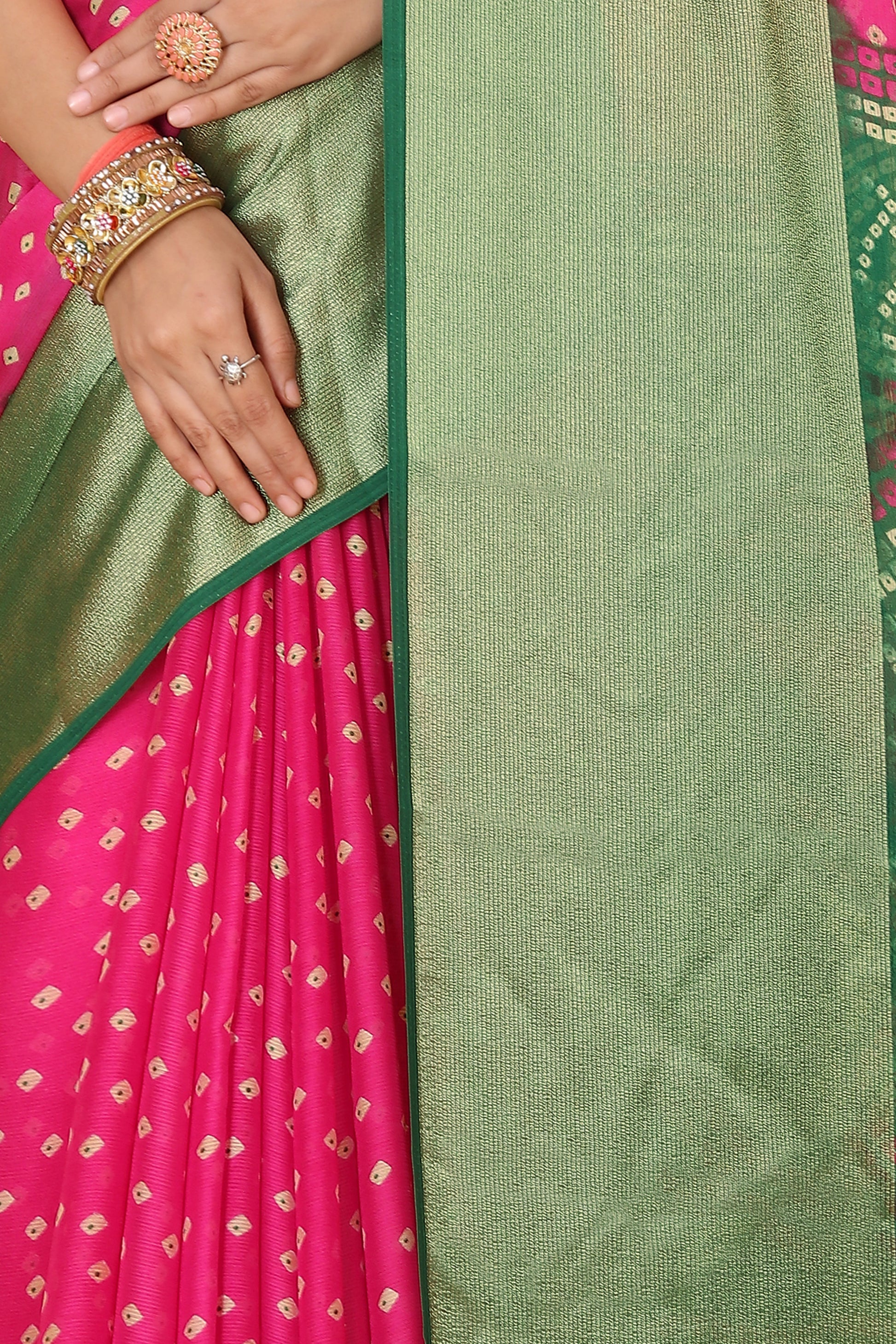 Bandhani Printed Moss Chiffon Pink Saree with Gold Jari Border | Ivaara.