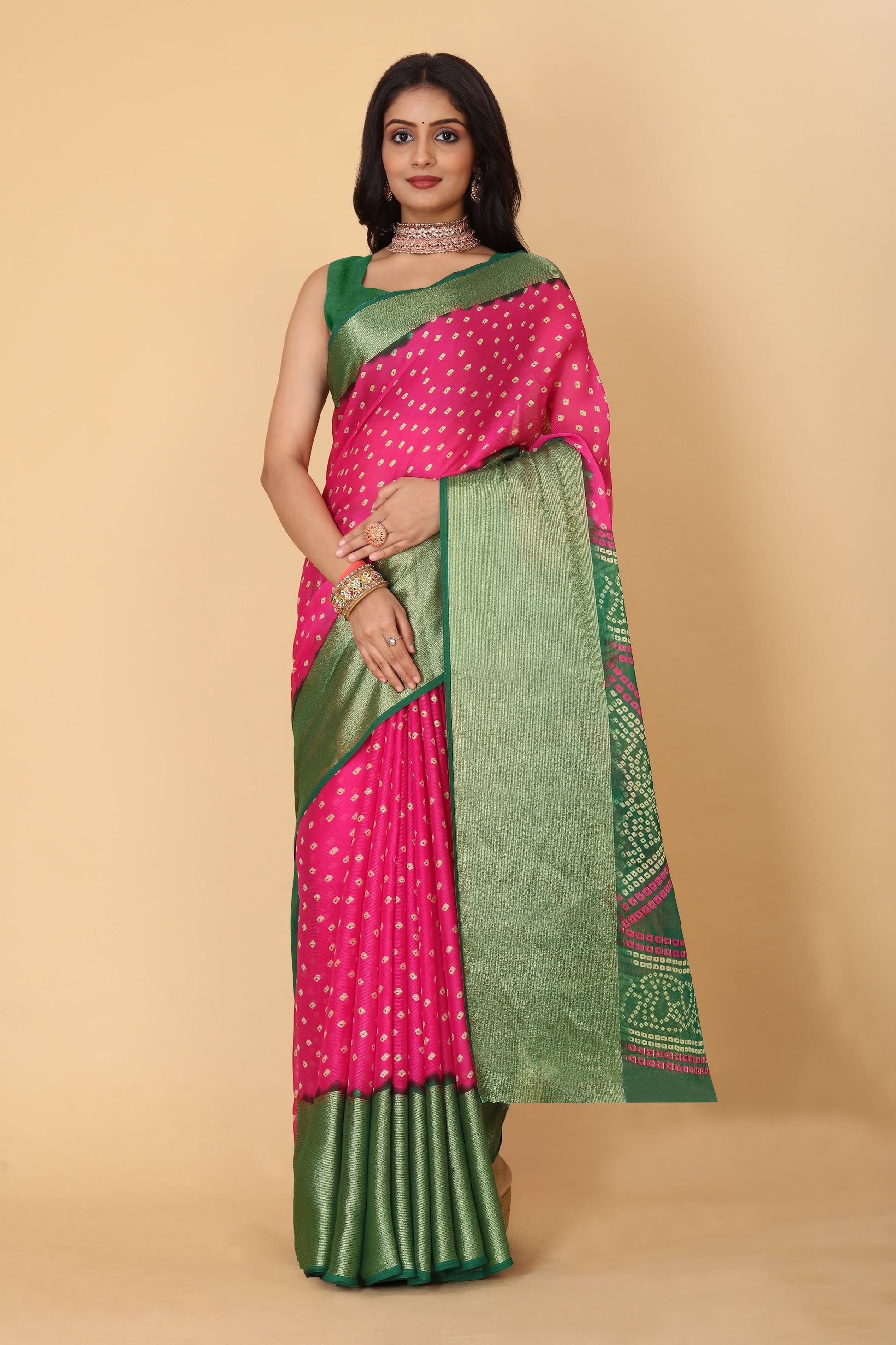 Bandhani Printed Moss Chiffon Pink Saree with Gold Jari Border | Ivaara.