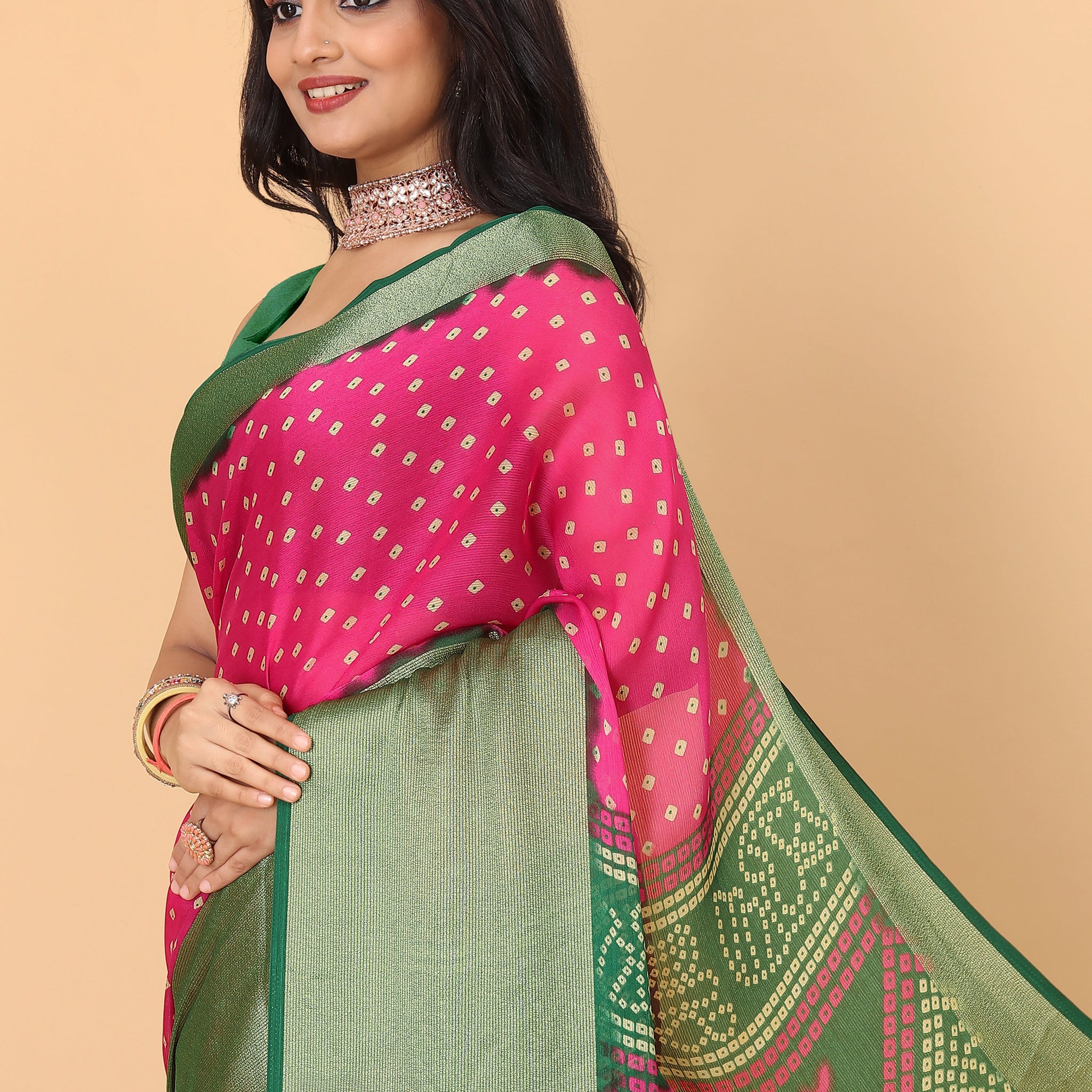 Bandhani Printed Moss Chiffon Pink Saree with Gold Jari Border | Ivaara.