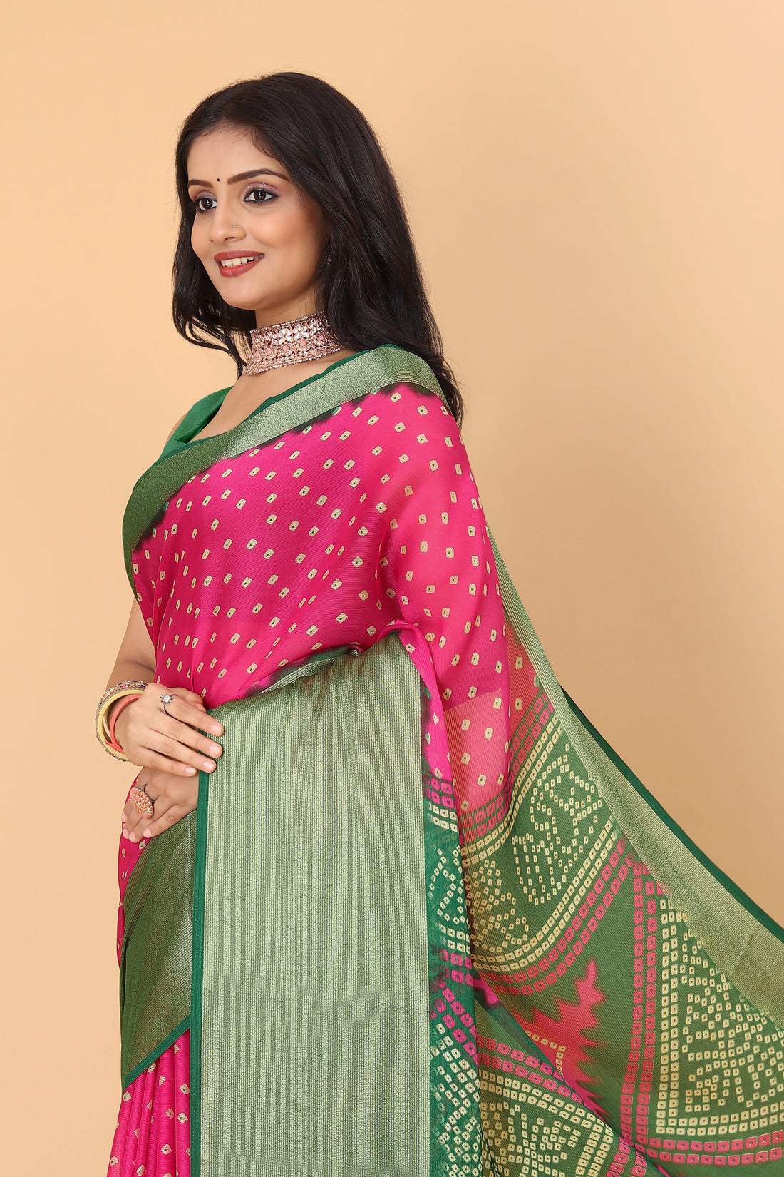 Bandhani Printed Moss Chiffon Pink Saree with Gold Jari Border | Ivaara.