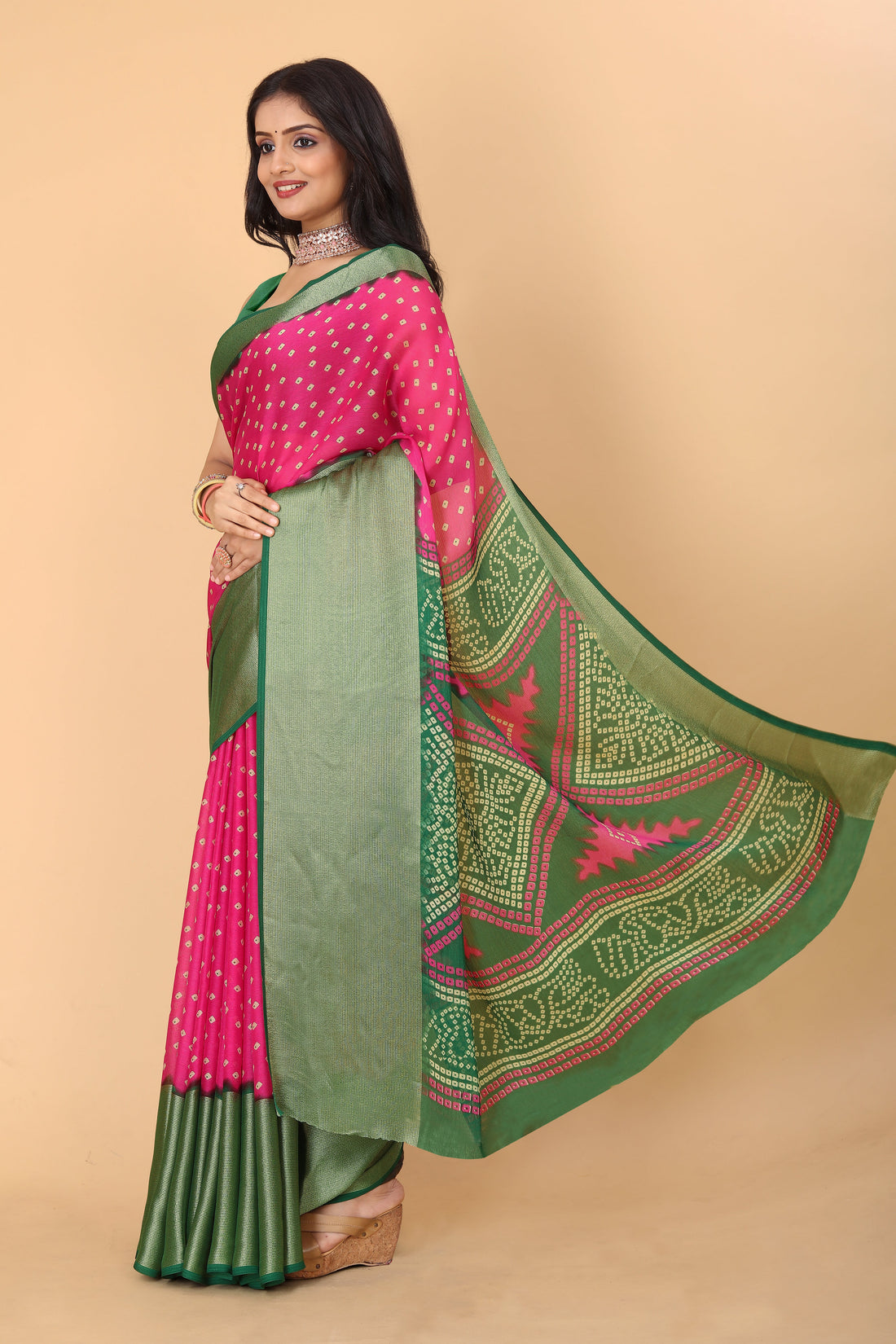 Bandhani Printed Moss Chiffon Pink Saree with Gold Jari Border | Ivaara.