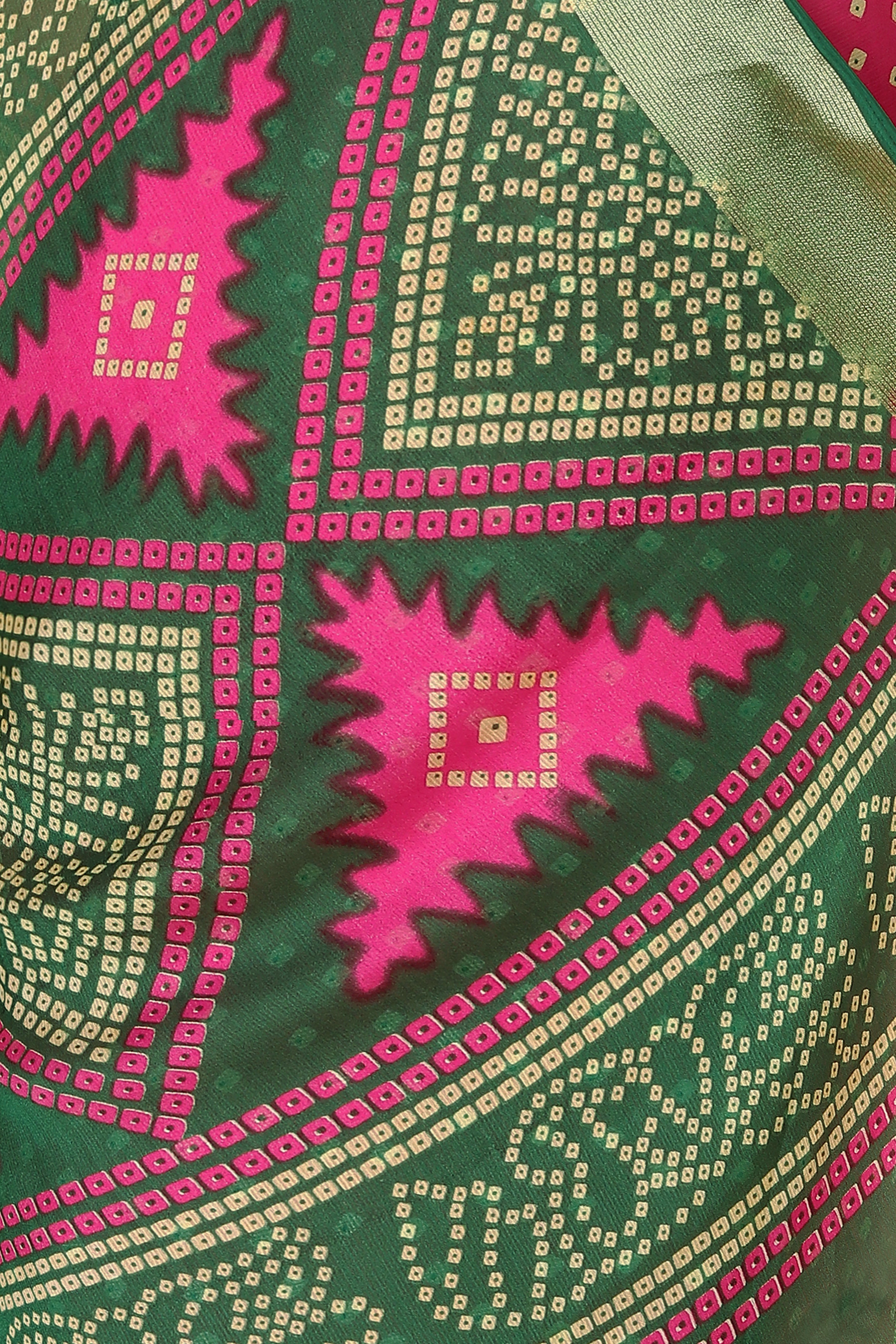 Bandhani Printed Moss Chiffon Pink Saree with Gold Jari Border | Ivaara.