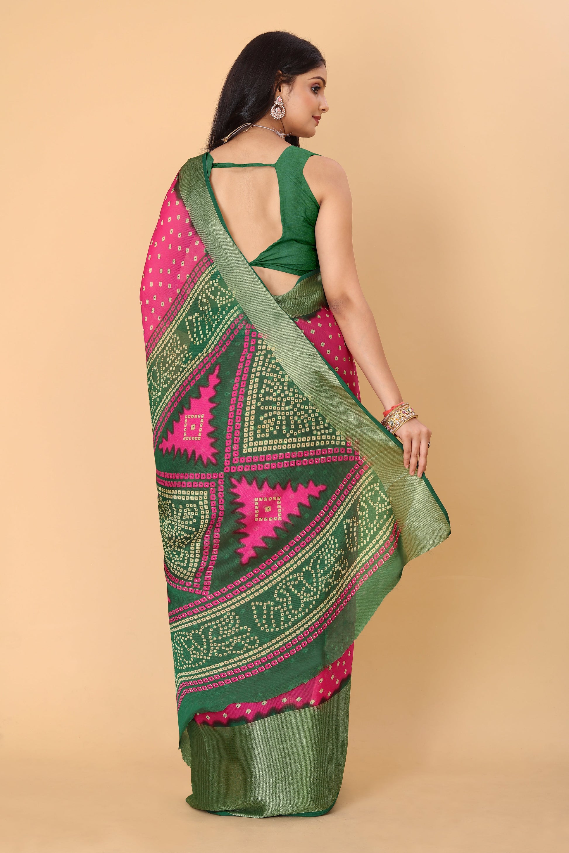 Bandhani Printed Moss Chiffon Pink Saree with Gold Jari Border | Ivaara.