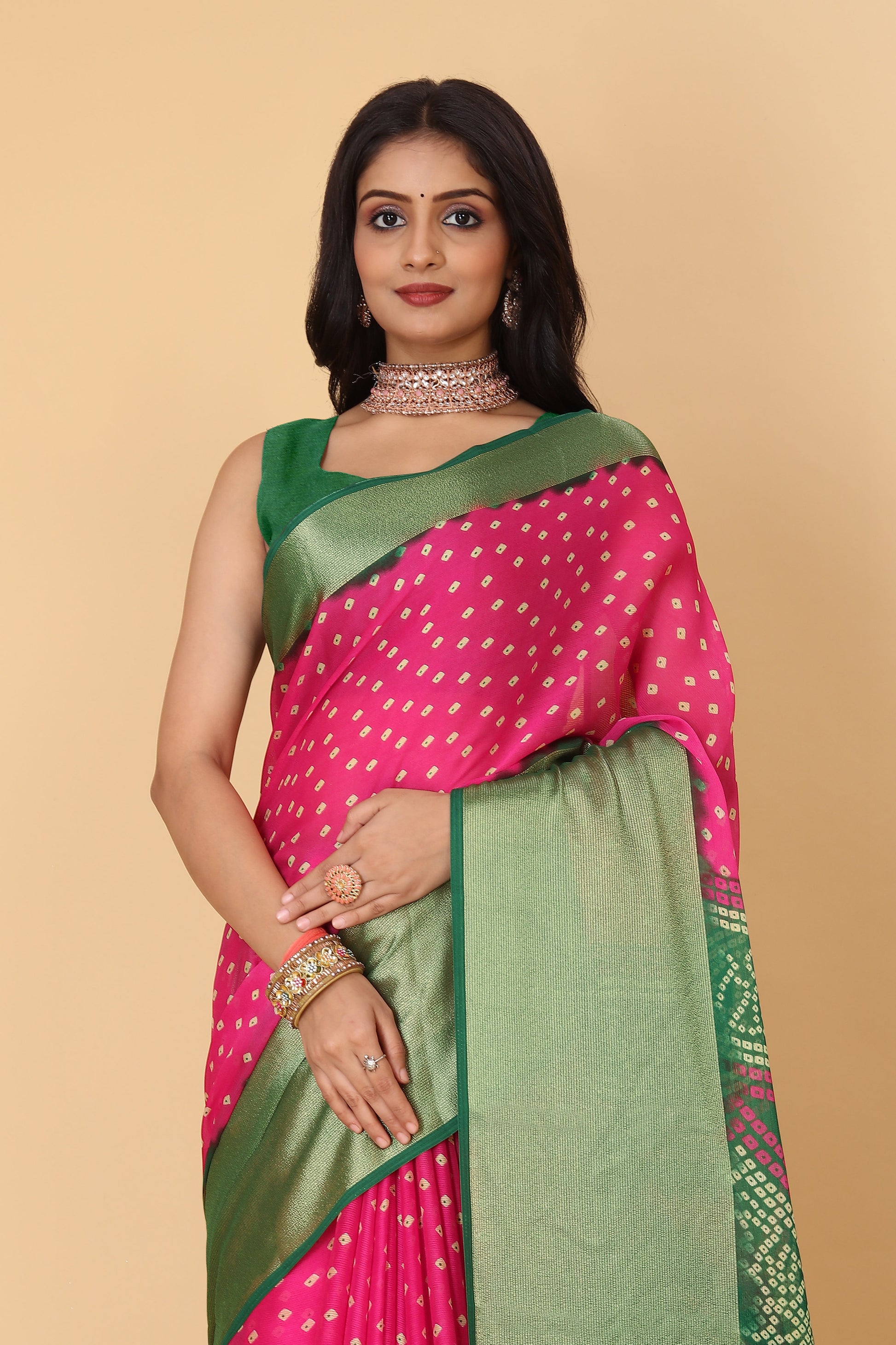 Bandhani Printed Moss Chiffon Pink Saree with Gold Jari Border | Ivaara.