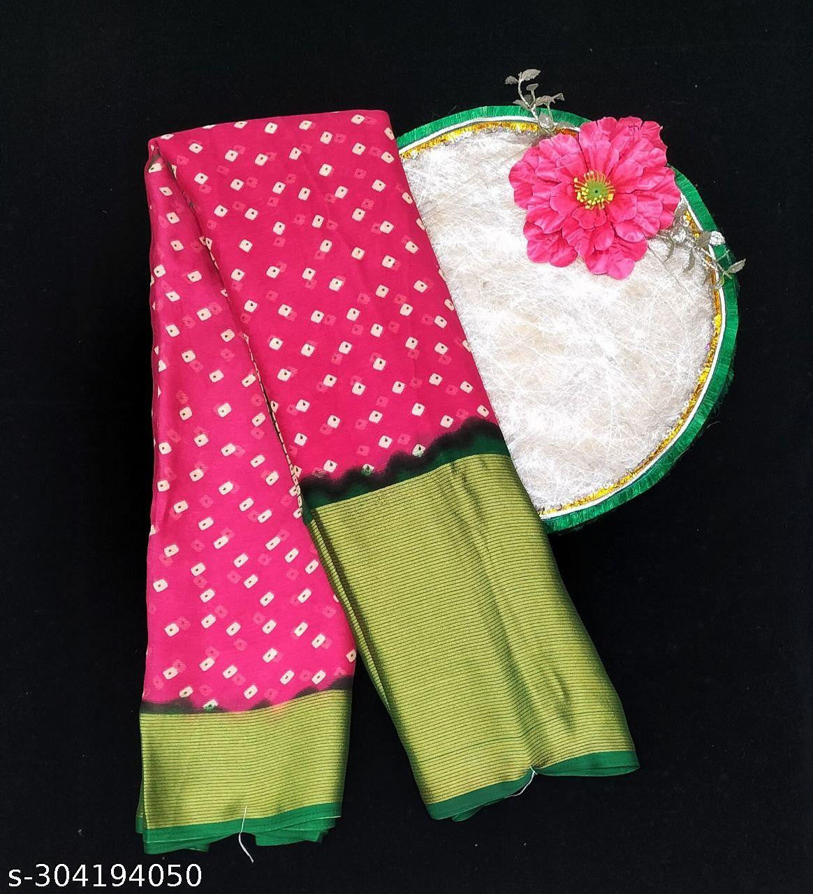 Bandhani Printed Moss Chiffon Pink Saree with Gold Jari Border | Ivaara.
