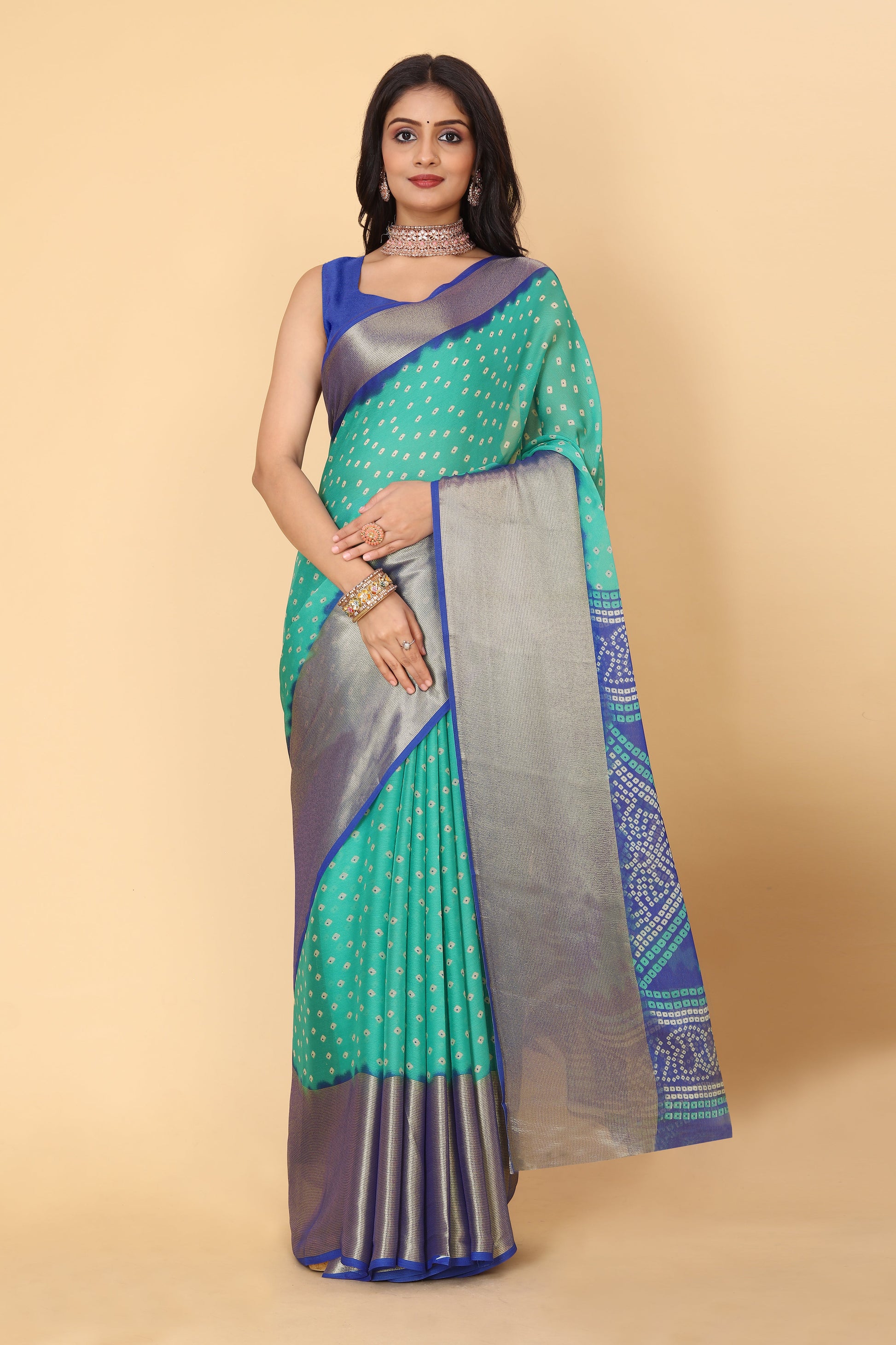 Bandhani Printed Moss Chiffon Sea Blue Saree with Gold Jari Border | Ivaara.