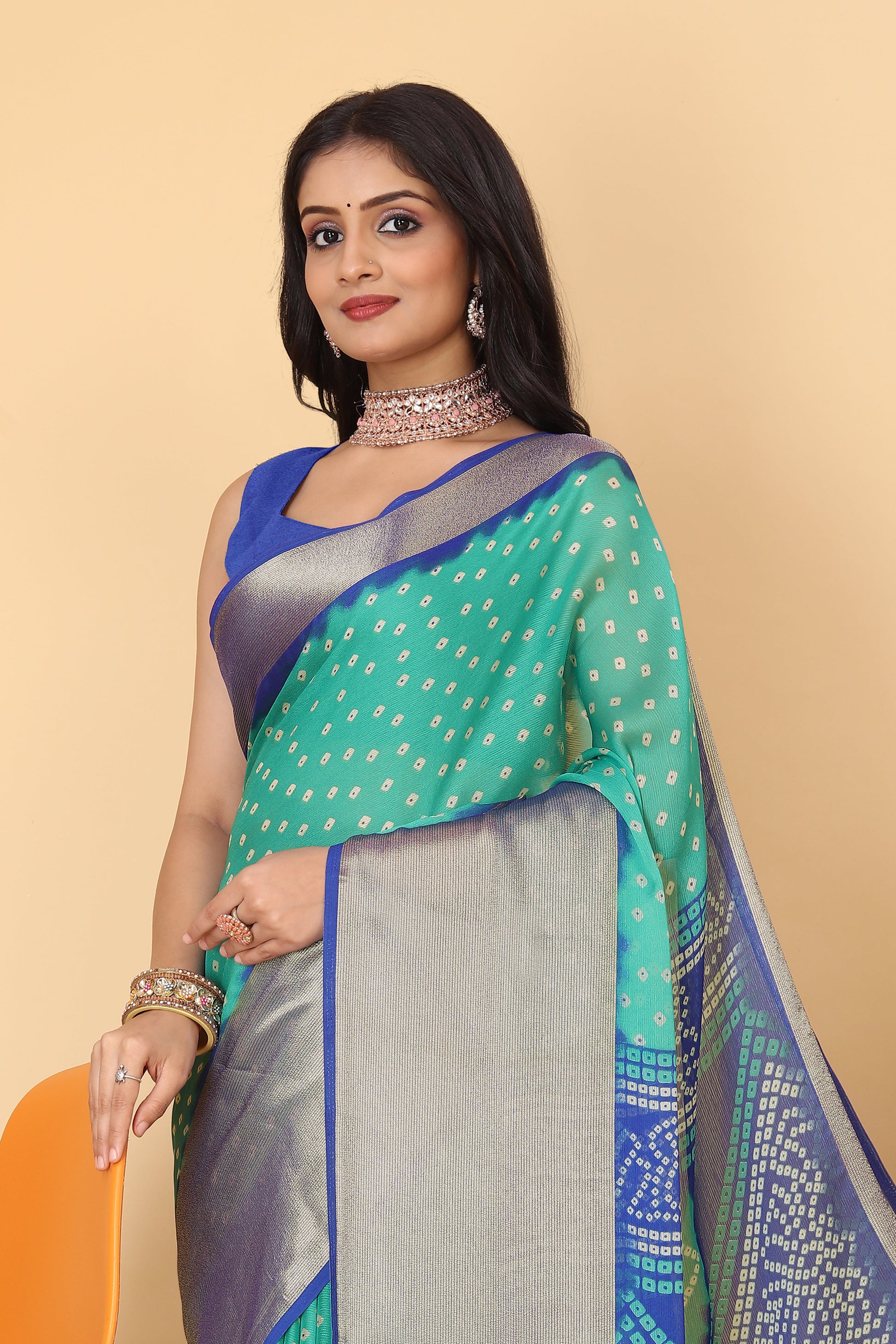 Bandhani Printed Moss Chiffon Sea Blue Saree with Gold Jari Border | Ivaara.