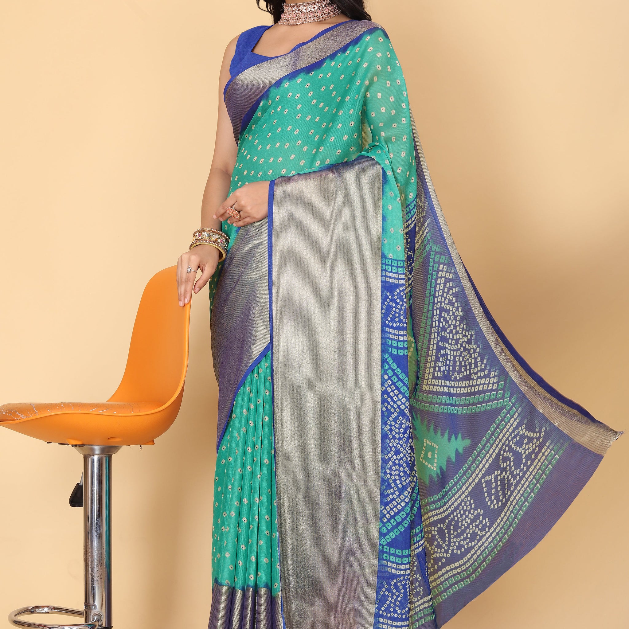Bandhani Printed Moss Chiffon Sea Blue Saree with Gold Jari Border | Ivaara.