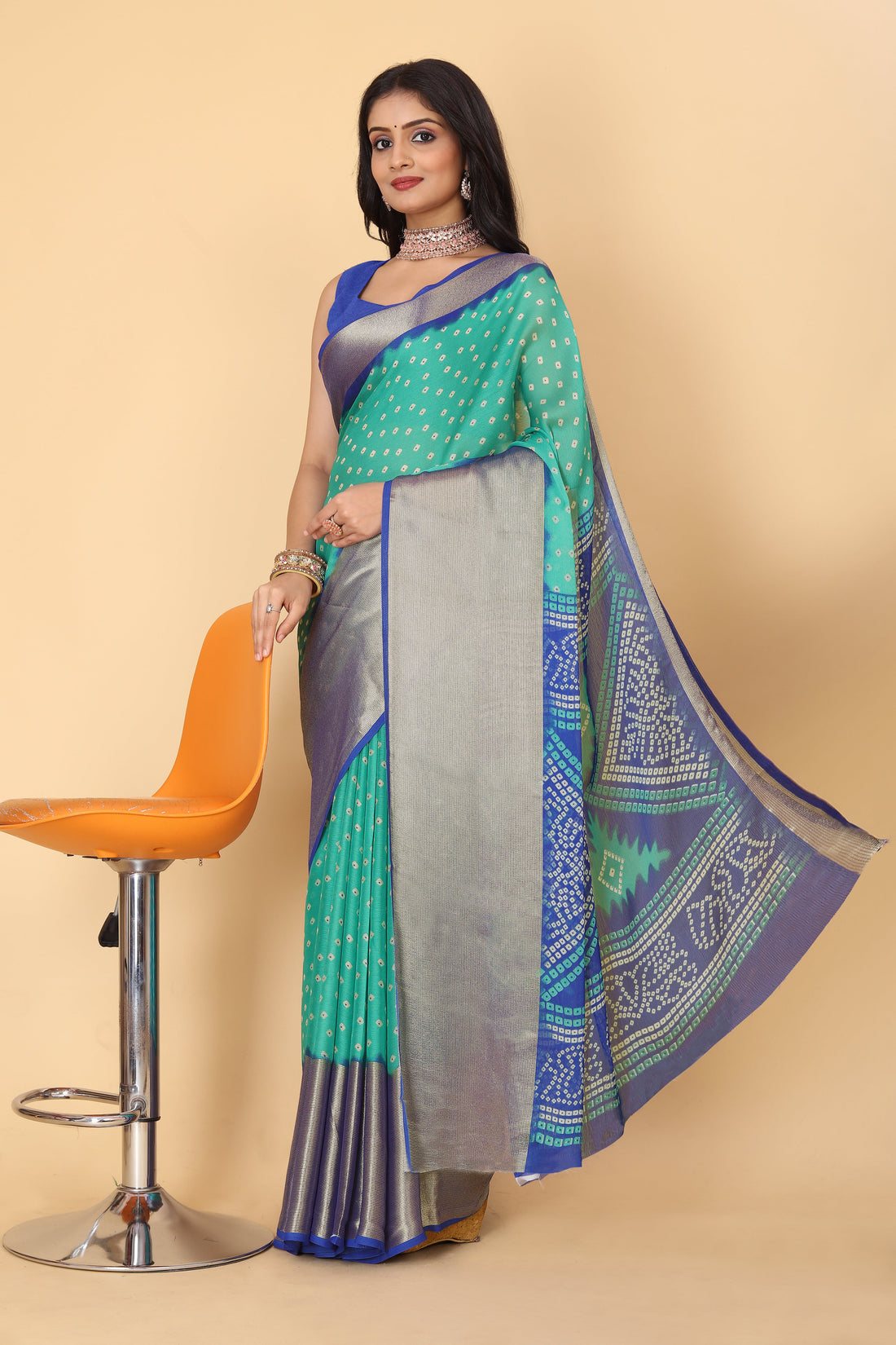 Bandhani Printed Moss Chiffon Sea Blue Saree with Gold Jari Border | Ivaara.