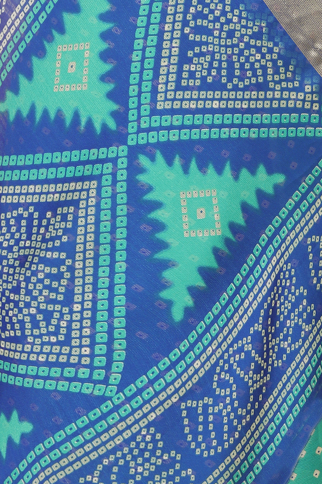 Bandhani Printed Moss Chiffon Sea Blue Saree with Gold Jari Border | Ivaara.
