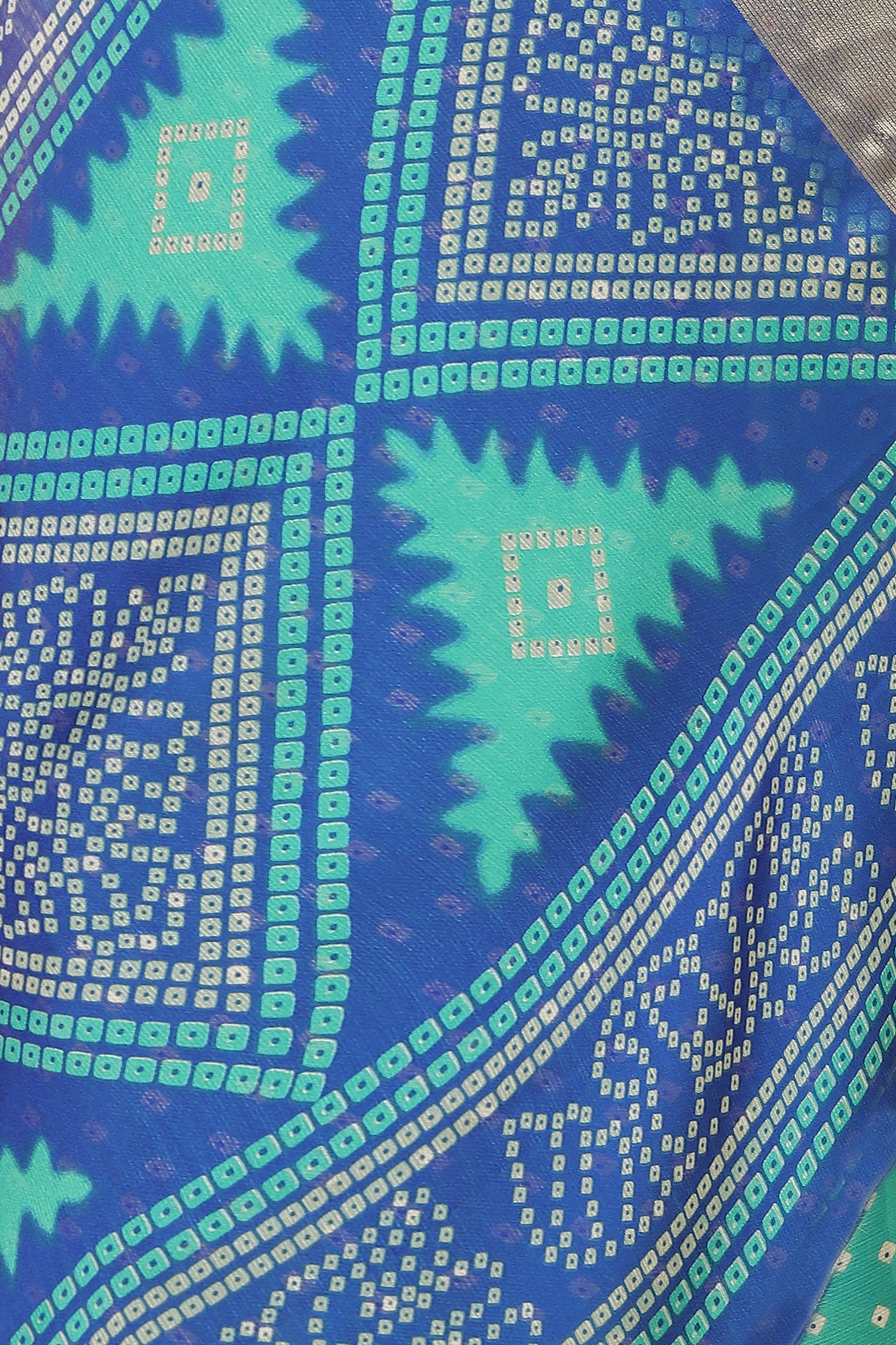 Bandhani Printed Moss Chiffon Sea Blue Saree with Gold Jari Border | Ivaara.