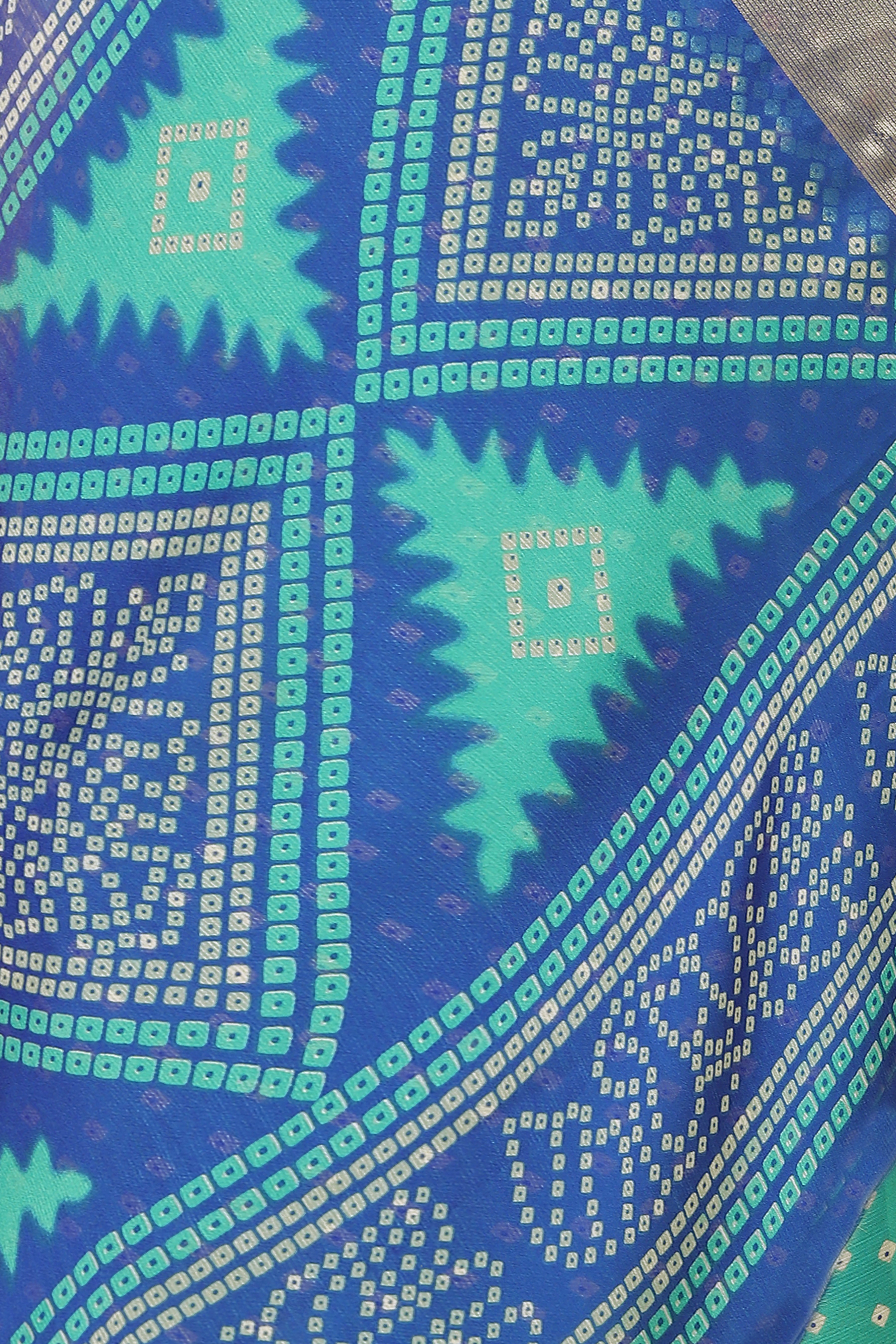 Bandhani Printed Moss Chiffon Sea Blue Saree with Gold Jari Border | Ivaara.