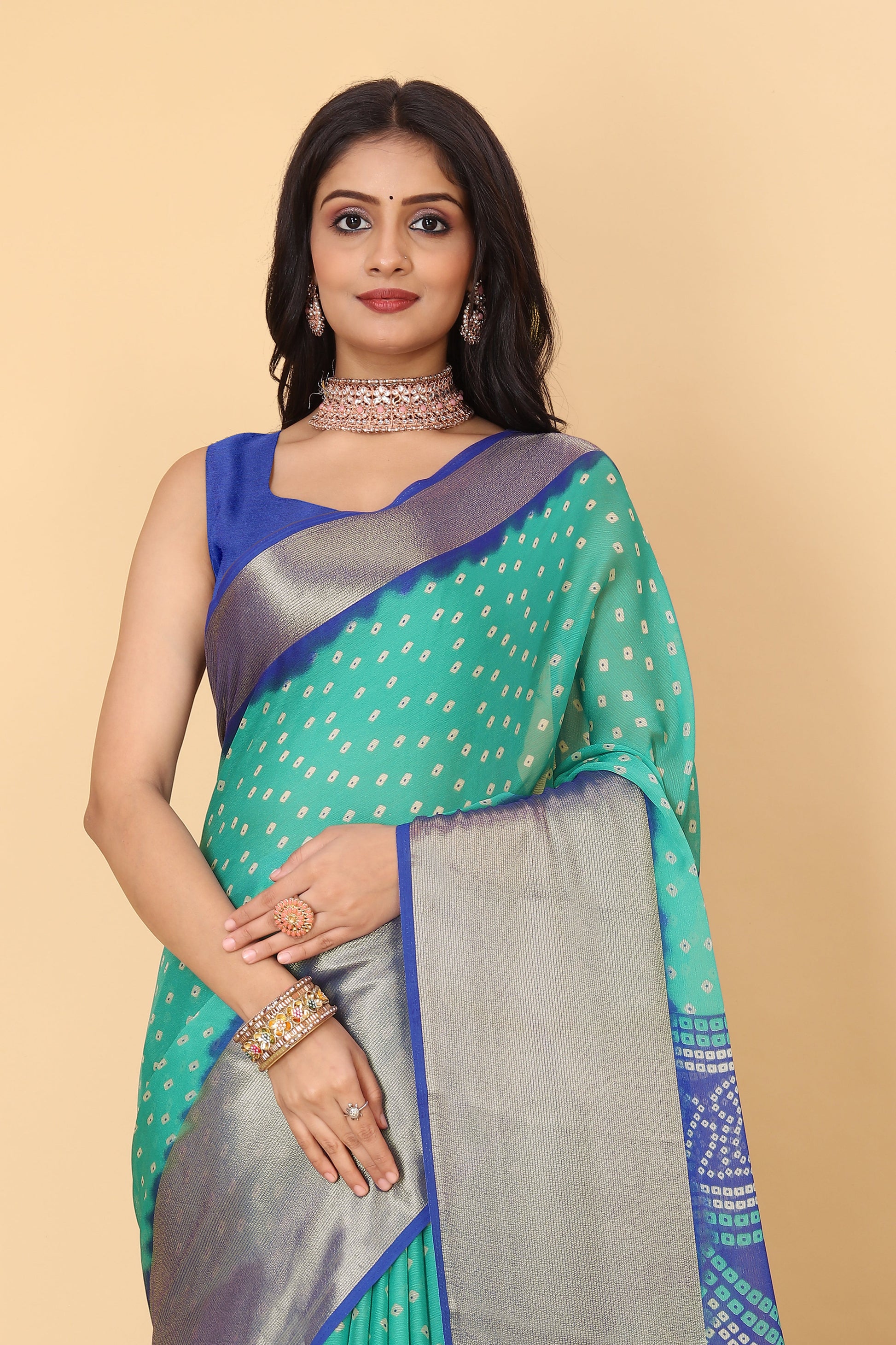 Bandhani Printed Moss Chiffon Sea Blue Saree with Gold Jari Border | Ivaara.