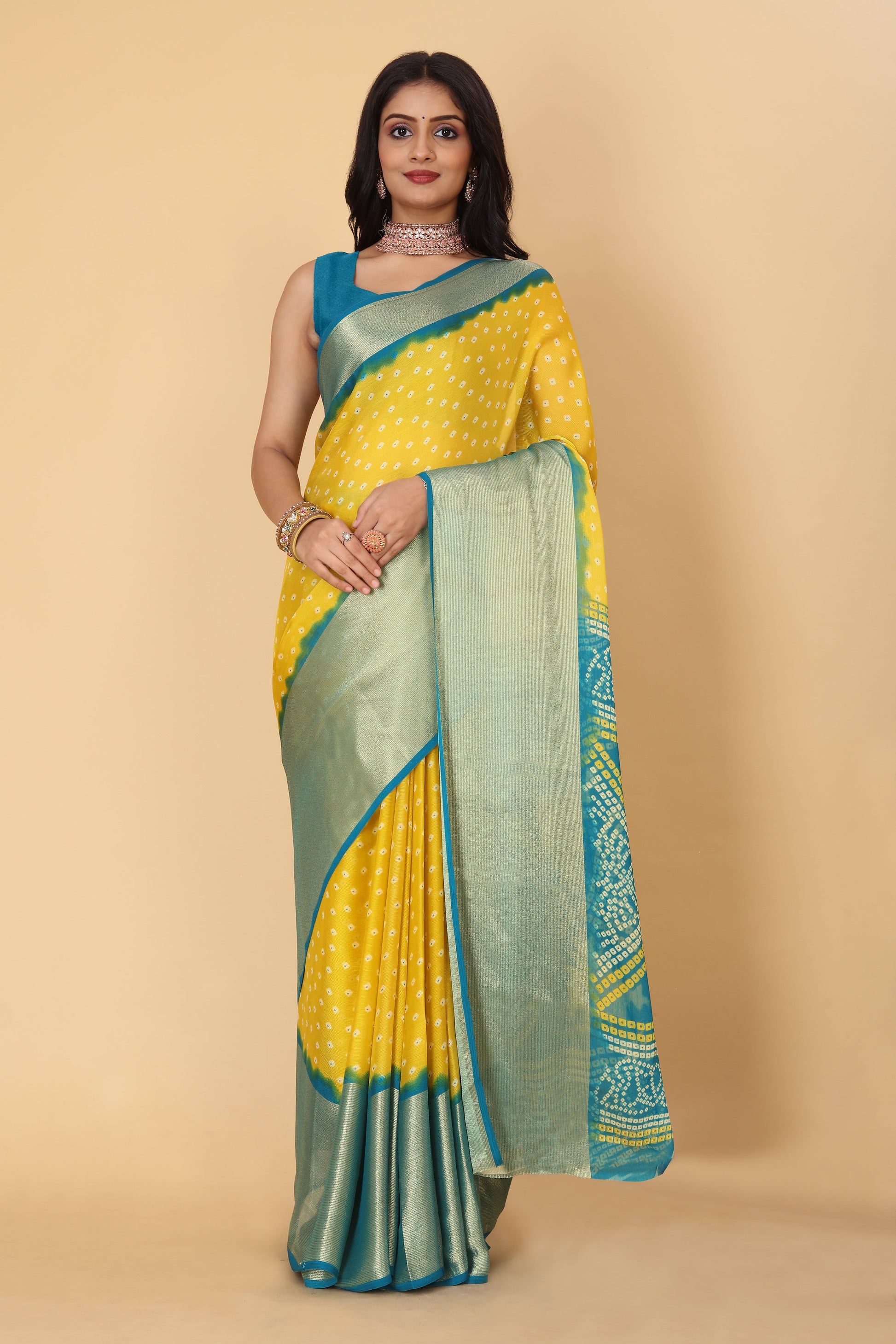 Bandhani Printed Moss Chiffon Yellow Saree with Gold Jari Border | Ivaara.