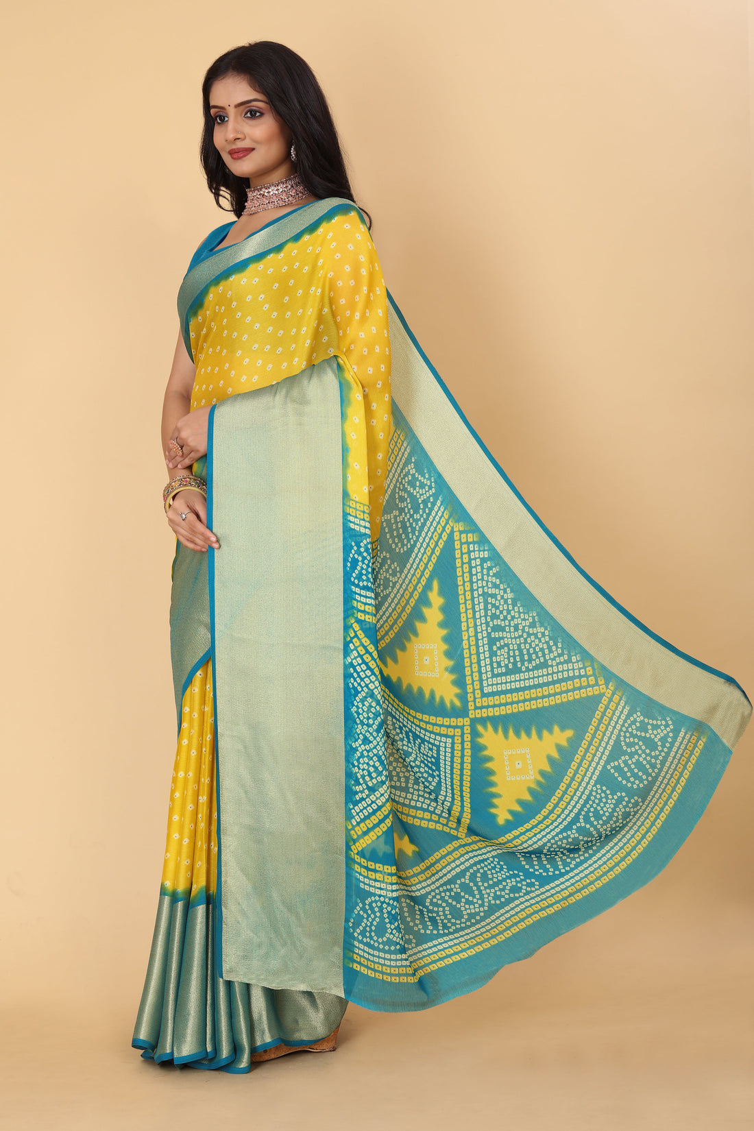 Bandhani Printed Moss Chiffon Yellow Saree with Gold Jari Border | Ivaara.