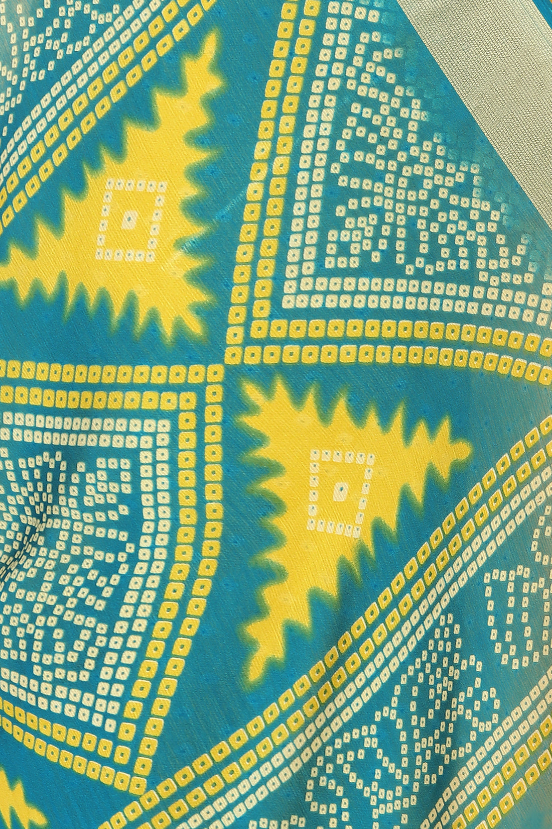 Bandhani Printed Moss Chiffon Yellow Saree with Gold Jari Border | Ivaara.