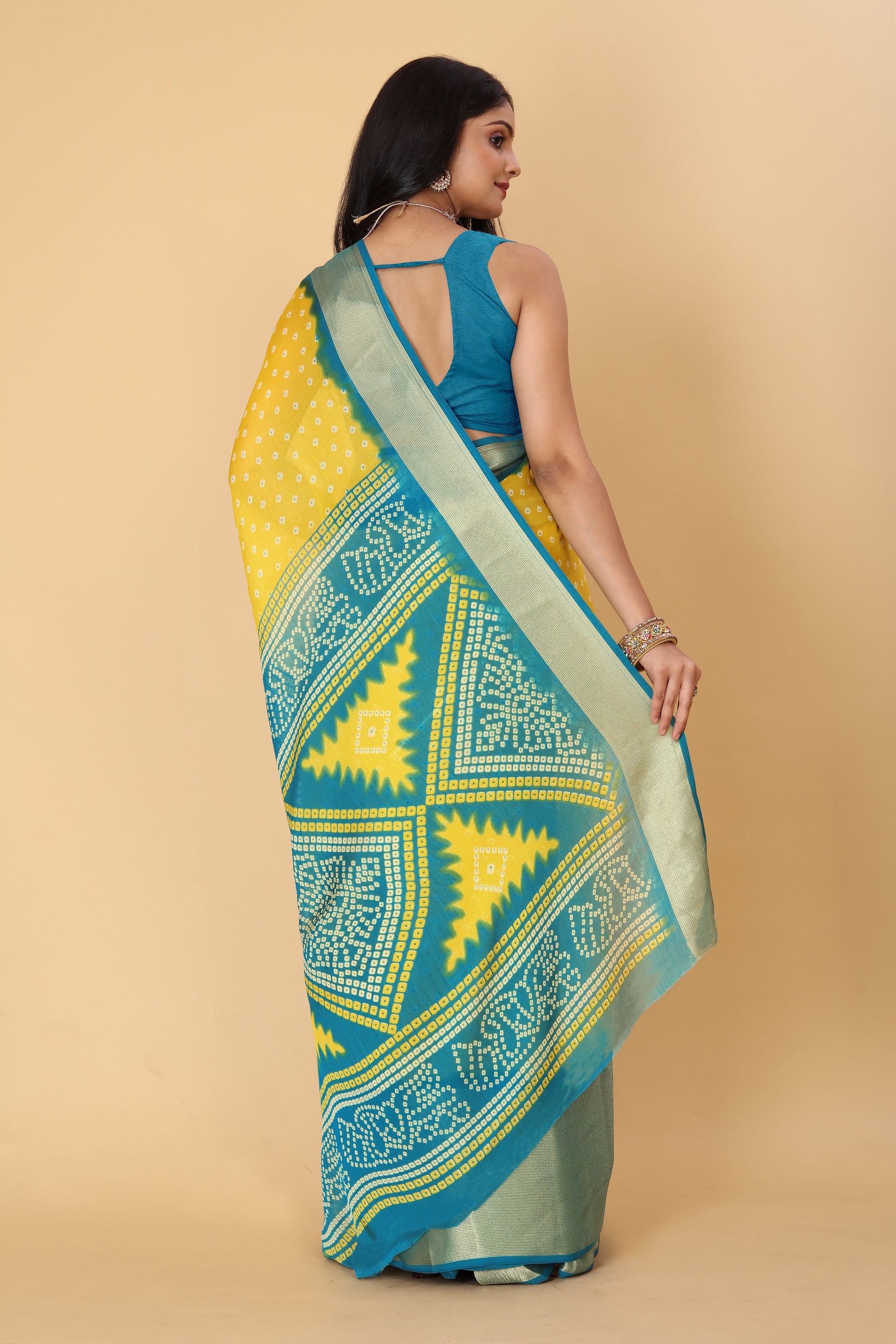 Bandhani Printed Moss Chiffon Yellow Saree with Gold Jari Border | Ivaara.