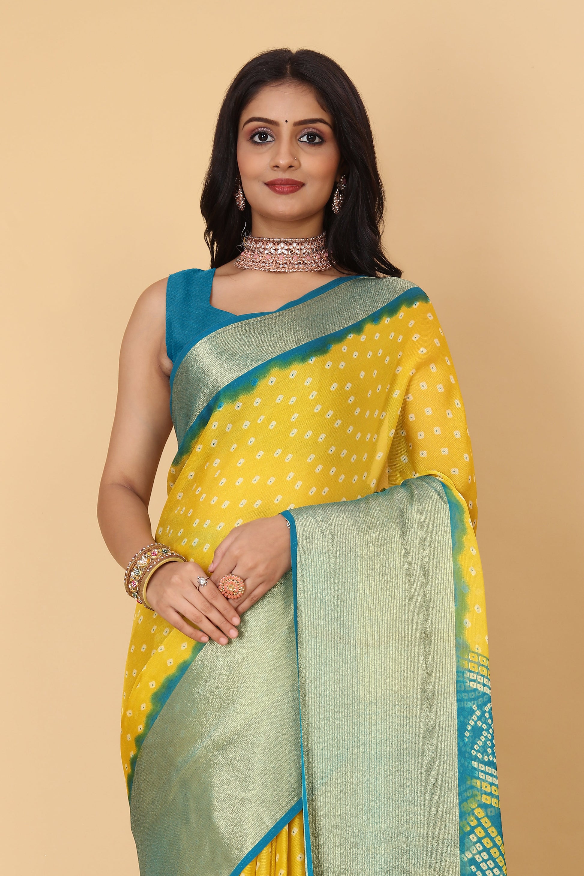Bandhani Printed Moss Chiffon Yellow Saree with Gold Jari Border | Ivaara.