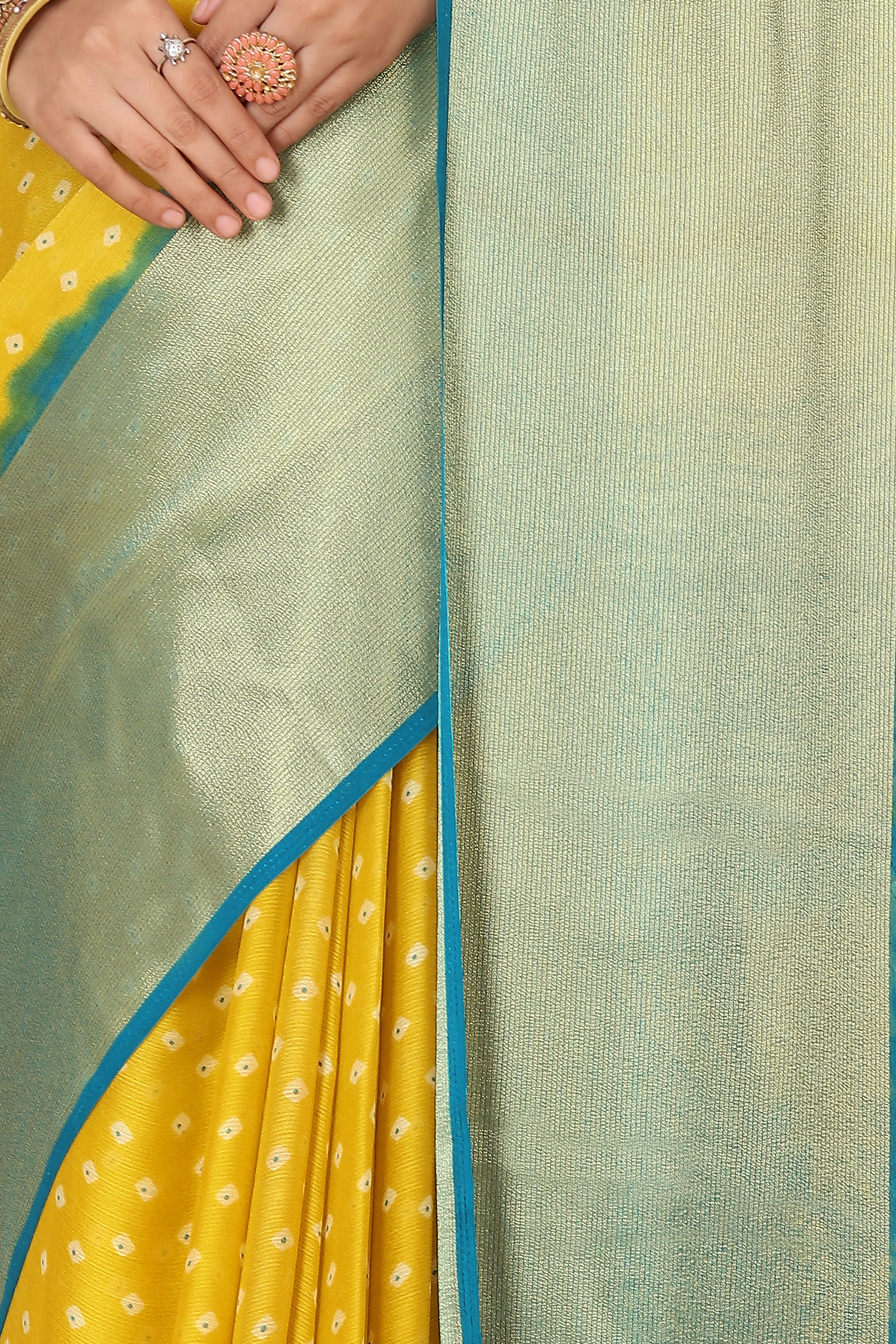 Bandhani Printed Moss Chiffon Yellow Saree with Gold Jari Border | Ivaara.