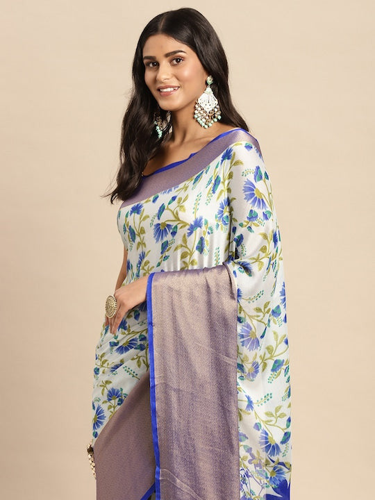 Floral Printed Moss Chiffon Sea Blue Saree with Gold Jari Border | Ivaara.