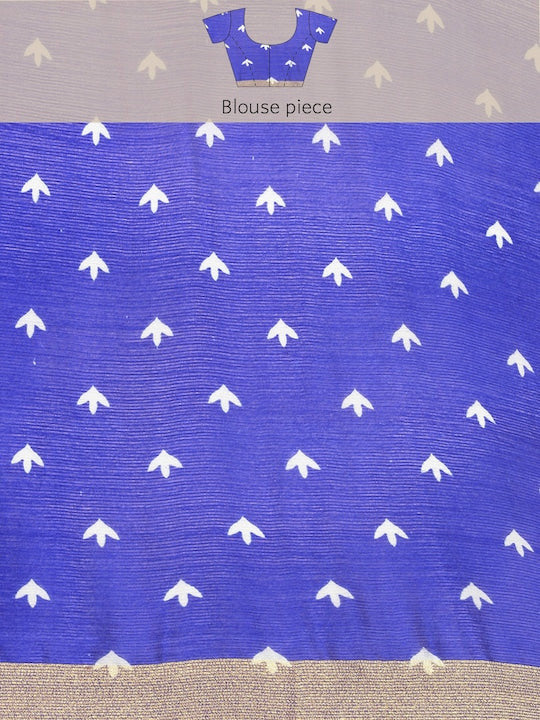 Floral Printed Moss Chiffon Sea Blue Saree with Gold Jari Border | Ivaara.