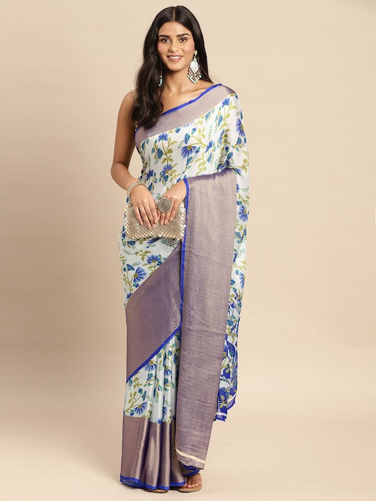 Floral Printed Moss Chiffon Sea Blue Saree with Gold Jari Border | Ivaara.