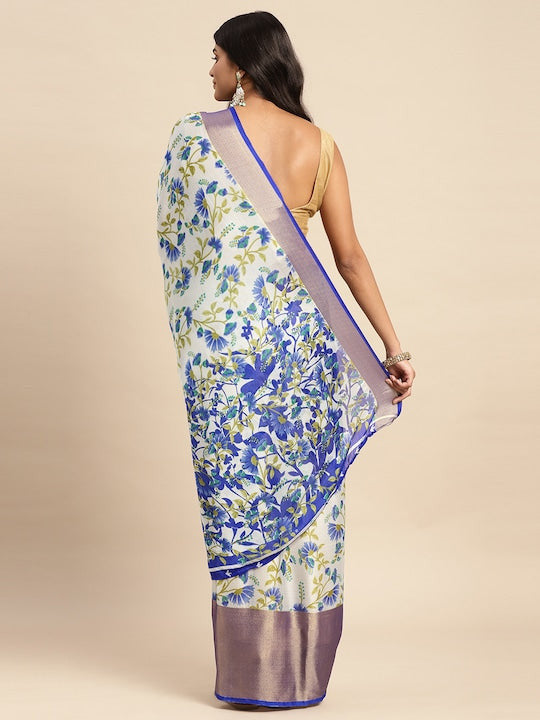Floral Printed Moss Chiffon Sea Blue Saree with Gold Jari Border | Ivaara.