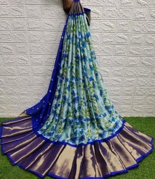 Floral Printed Moss Chiffon Sea Blue Saree with Gold Jari Border | Ivaara.