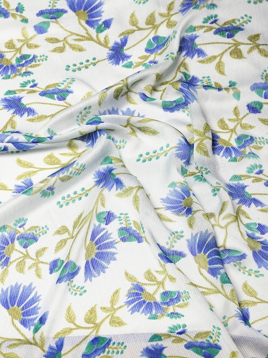 Floral Printed Moss Chiffon Sea Blue Saree with Gold Jari Border | Ivaara.