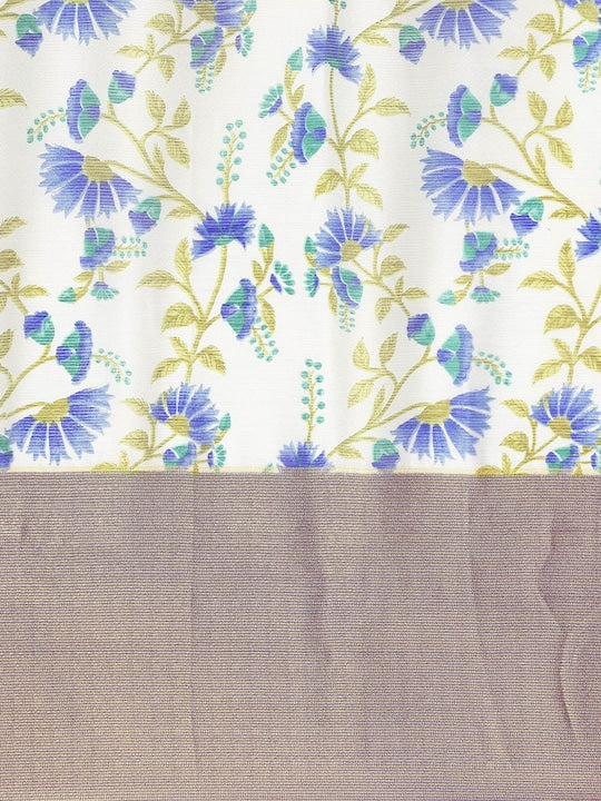 Floral Printed Moss Chiffon Sea Blue Saree with Gold Jari Border | Ivaara.