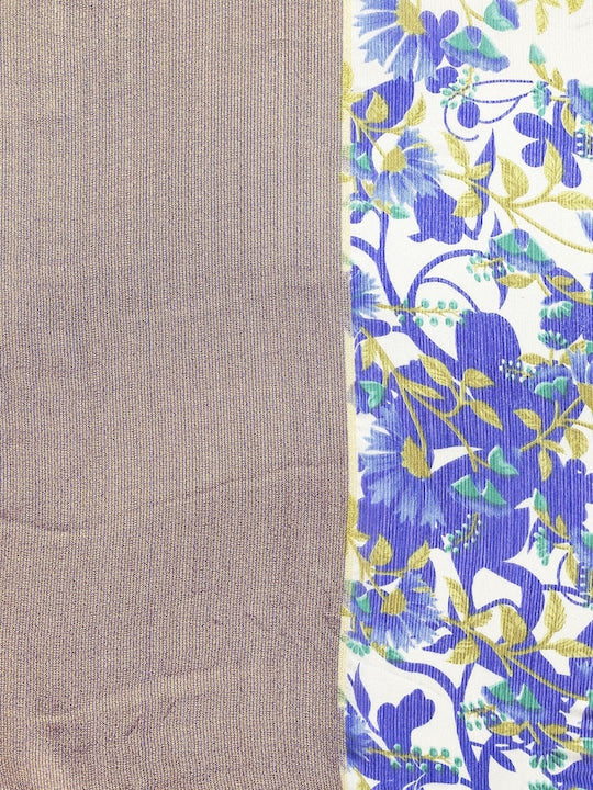 Floral Printed Moss Chiffon Sea Blue Saree with Gold Jari Border | Ivaara.