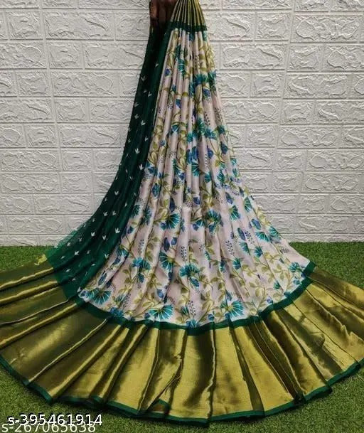 Floral Printed Moss Chiffon Bottle Green Saree with Gold Jari Border | Ivaara.