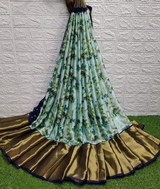 Floral Printed Moss Chiffon Navy Blue Saree with Gold Jari Border | Ivaara.