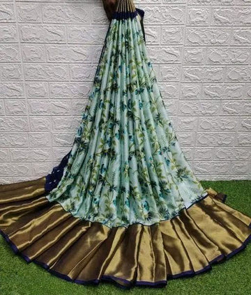 Floral Printed Moss Chiffon Navy Blue Saree with Gold Jari Border | Ivaara.