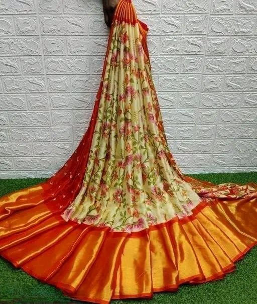 Floral Printed Moss Chiffon Orange Saree with Gold Jari Border | Ivaara.
