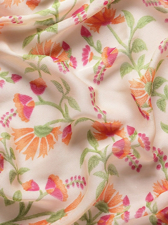 Floral Printed Moss Chiffon Pink Saree with Gold Jari Border | Ivaara.
