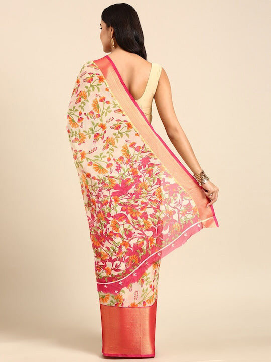 Floral Printed Moss Chiffon Pink Saree with Gold Jari Border | Ivaara.