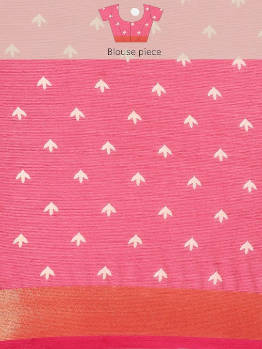 Floral Printed Moss Chiffon Pink Saree with Gold Jari Border | Ivaara.