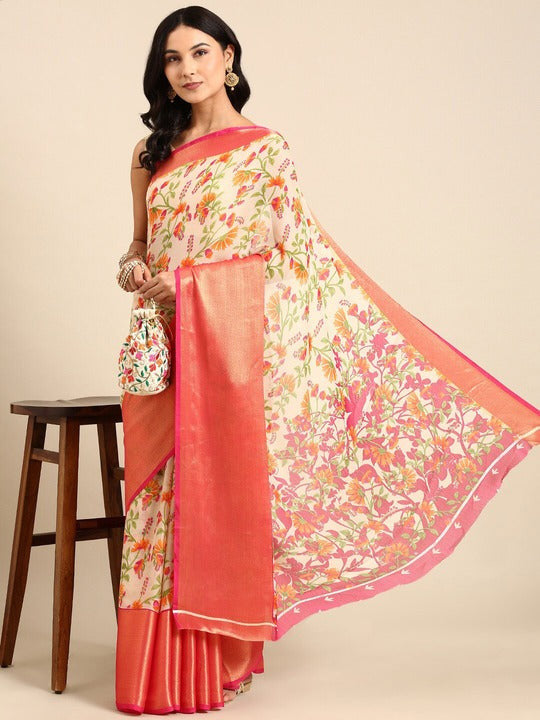 Floral Printed Moss Chiffon Pink Saree with Gold Jari Border | Ivaara.