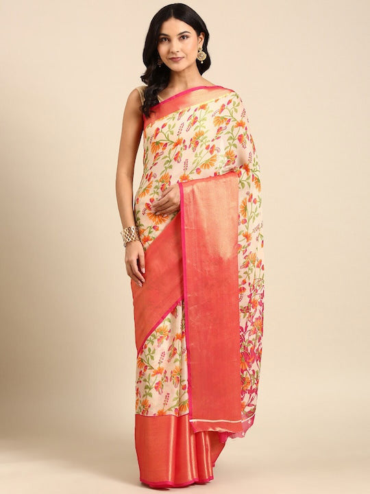 Floral Printed Moss Chiffon Pink Saree with Gold Jari Border | Ivaara.