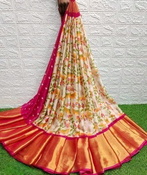 Floral Printed Moss Chiffon Pink Saree with Gold Jari Border | Ivaara.
