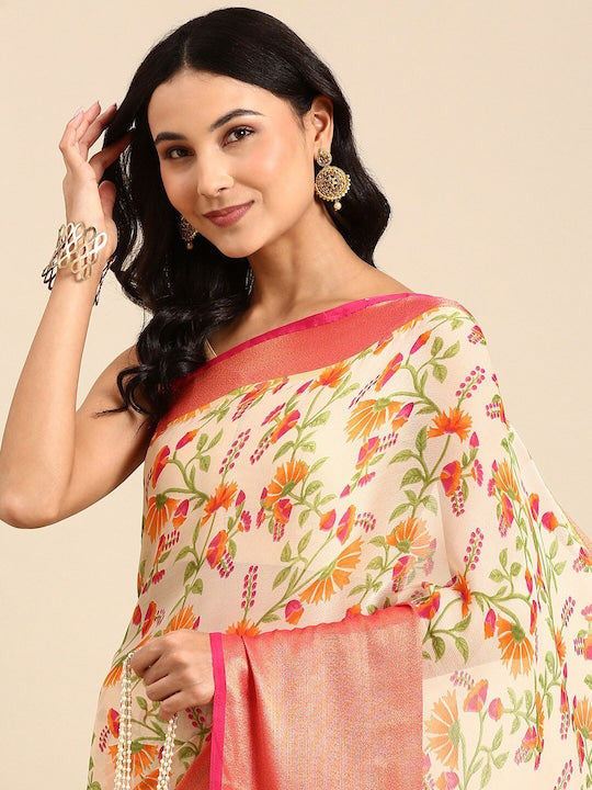 Floral Printed Moss Chiffon Pink Saree with Gold Jari Border | Ivaara.