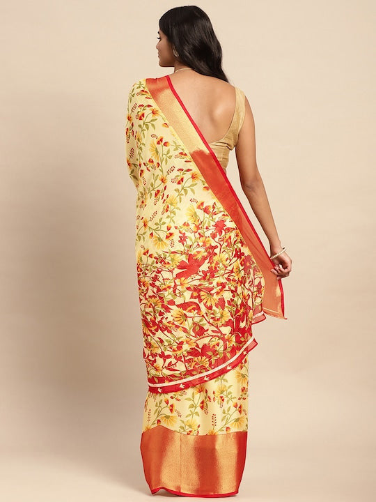 Floral Printed Moss Chiffon Red Saree with Gold Jari Border | Ivaara.