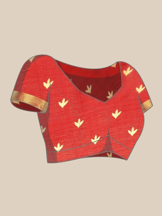 Floral Printed Moss Chiffon Red Saree with Gold Jari Border | Ivaara.