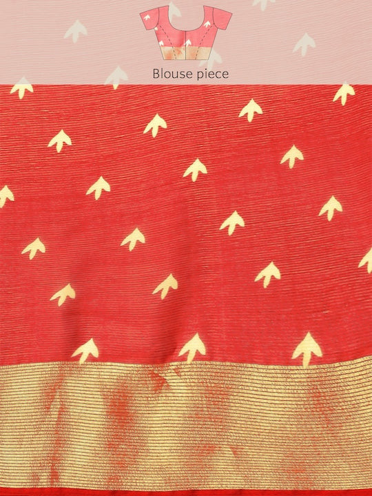 Floral Printed Moss Chiffon Red Saree with Gold Jari Border | Ivaara.