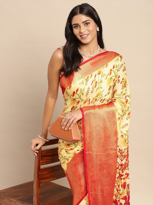 Floral Printed Moss Chiffon Red Saree with Gold Jari Border | Ivaara.