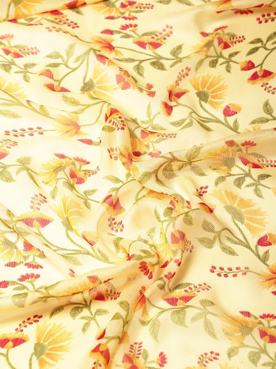 Floral Printed Moss Chiffon Red Saree with Gold Jari Border | Ivaara.