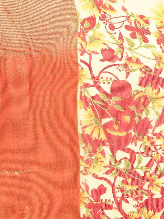 Floral Printed Moss Chiffon Red Saree with Gold Jari Border | Ivaara.